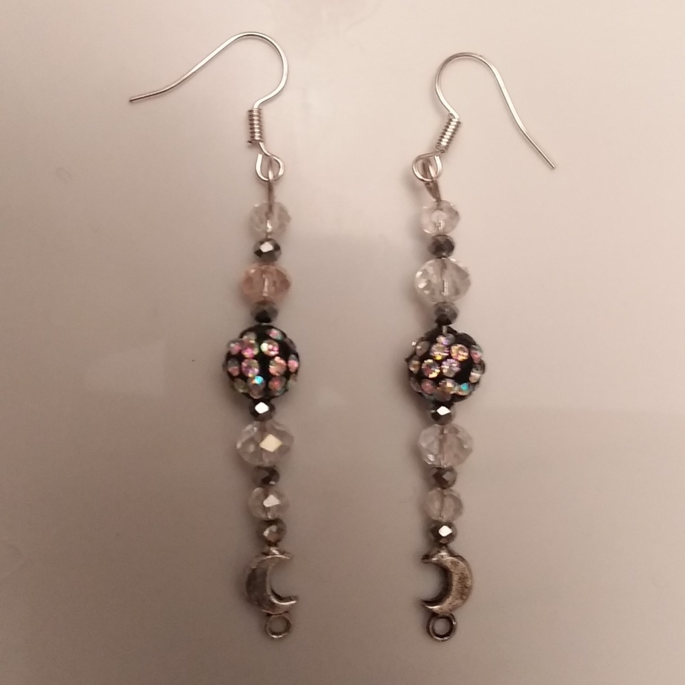 Bead Crescent Moon Crystal Pierced Earrings